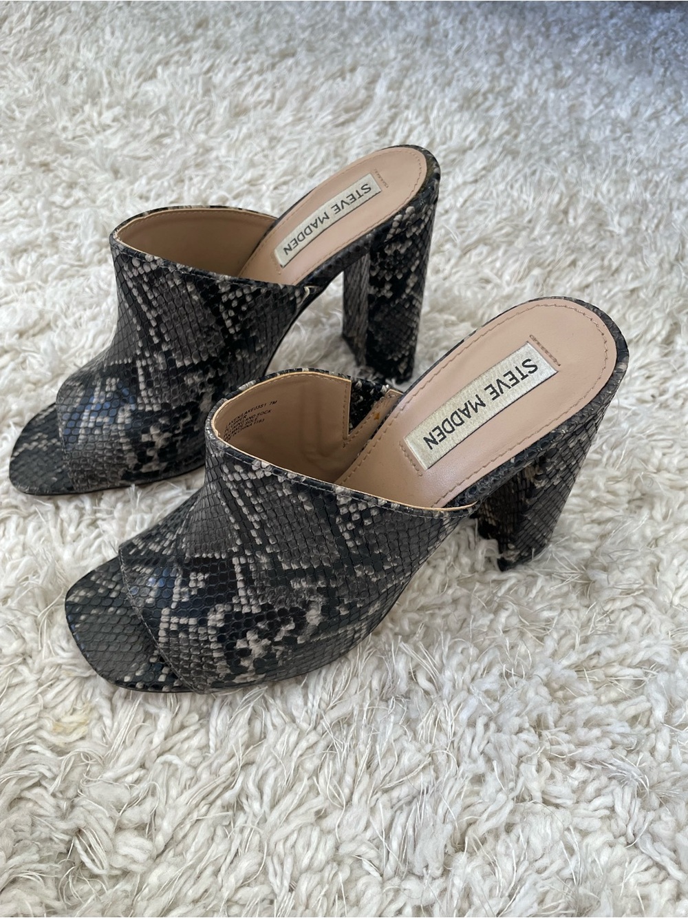 Steve Madden Snake-Print Open-Back Block Heel Mules in Black & Gray